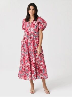 Banjanan Pink Floral V-Neck Puff-Sleeve Maxi Dress